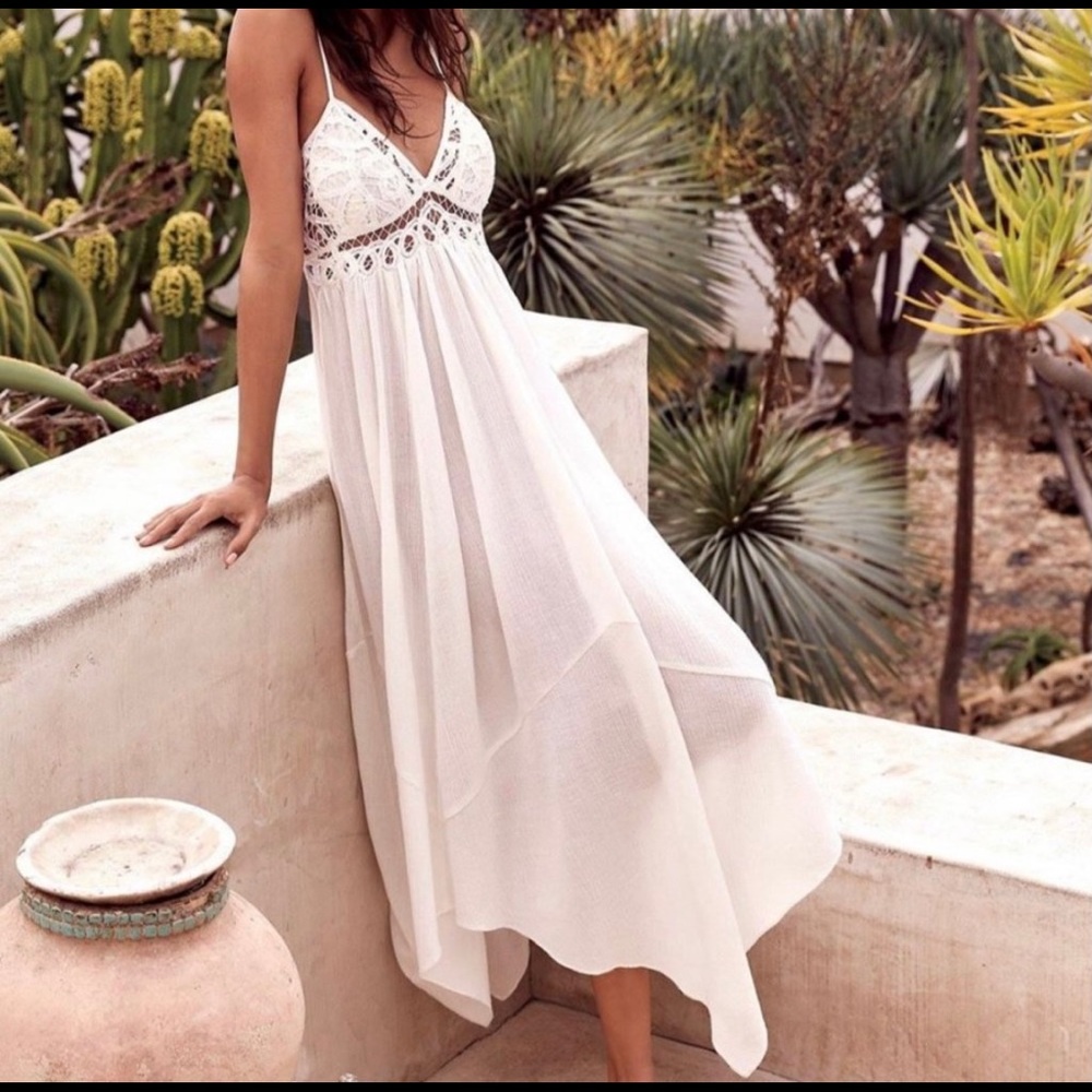 Free People Elaina Maxi Dress White V-Neck Crochet